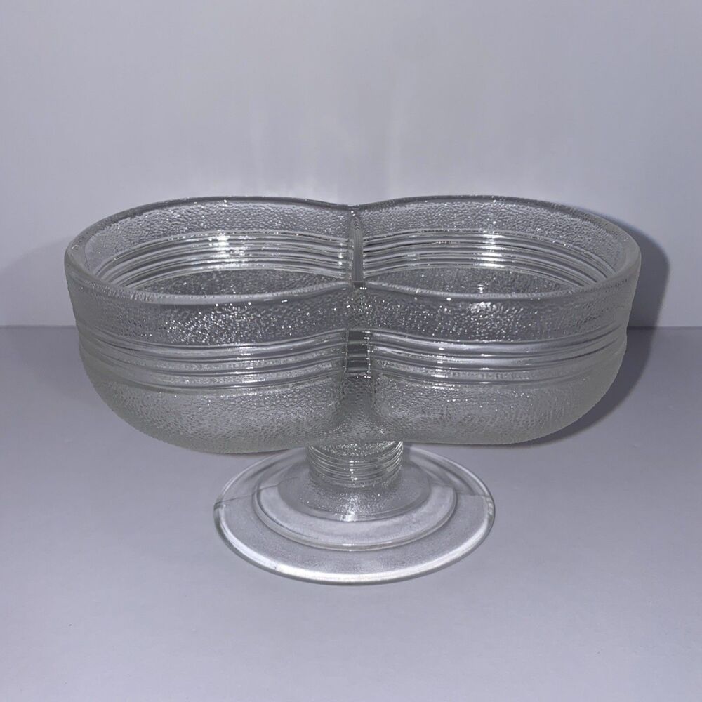 Vintage Clear Glass Double Ice Cream Sundae Dish Pedestal Divided Server